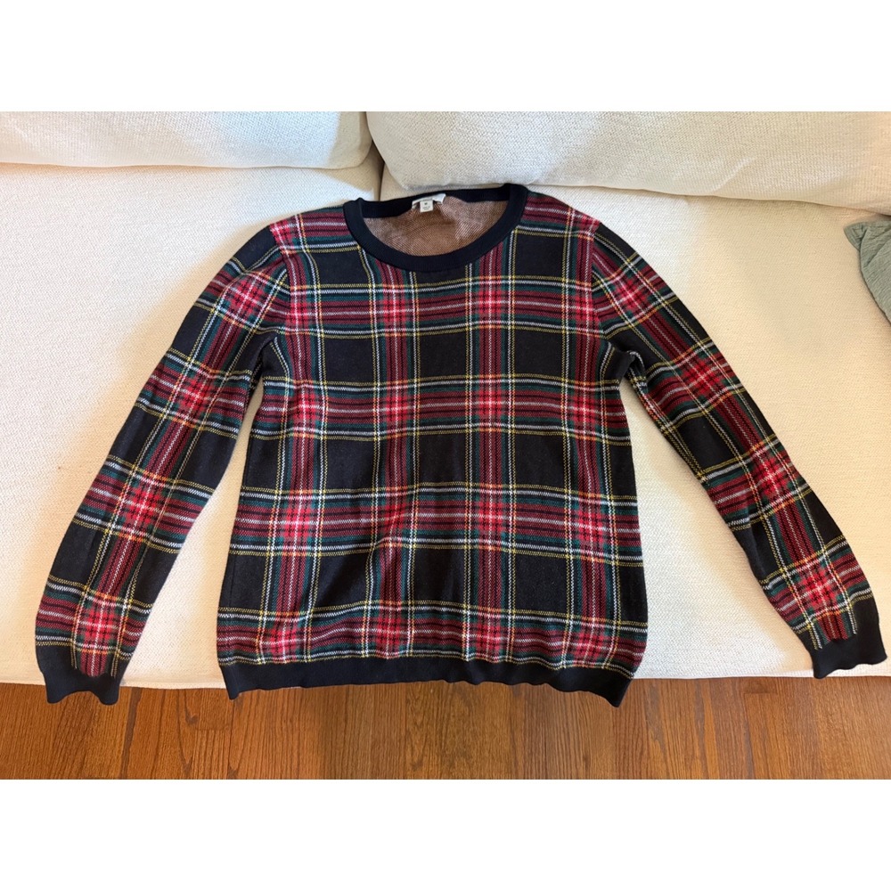 J.Crew Teddie Sweater Womens Medium Navy Red Tartan‎ Plaid 100% Cotton